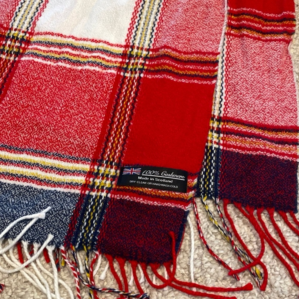 Cashmere Made In Scotland Plaid Tasseled Scarf Wrap Red Navy Blue White